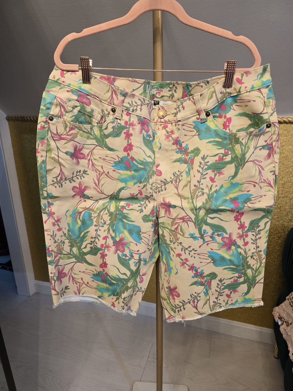DG2 by Diane Gilman Cream Floral Bermuda Shorts with Green & Pink